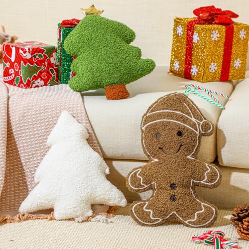 Image of Konohan 3 Pcs Christmas Gingerbread Pillows House Man Throw Pillows Stuffed Gingerbread Shaped Pillow for Christmas Party Outdoor Cushion Decorations(Green,Vintage Style)