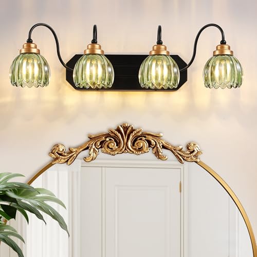 Image of Vintage Gold Bathroom Light Fixtures, 4 Light Green Tulip Crystal