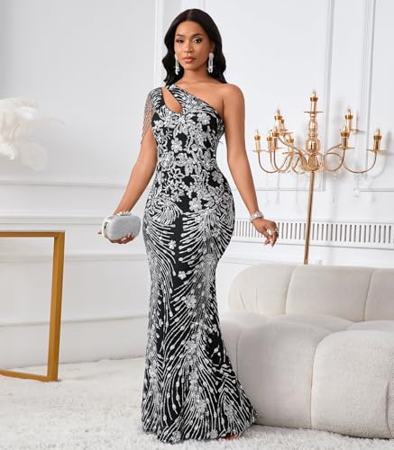 Image of Cololura Women Sequin Elegant Sexy One Shoulder Tassel Mermaid Bodycon Cocktail Evening Dress