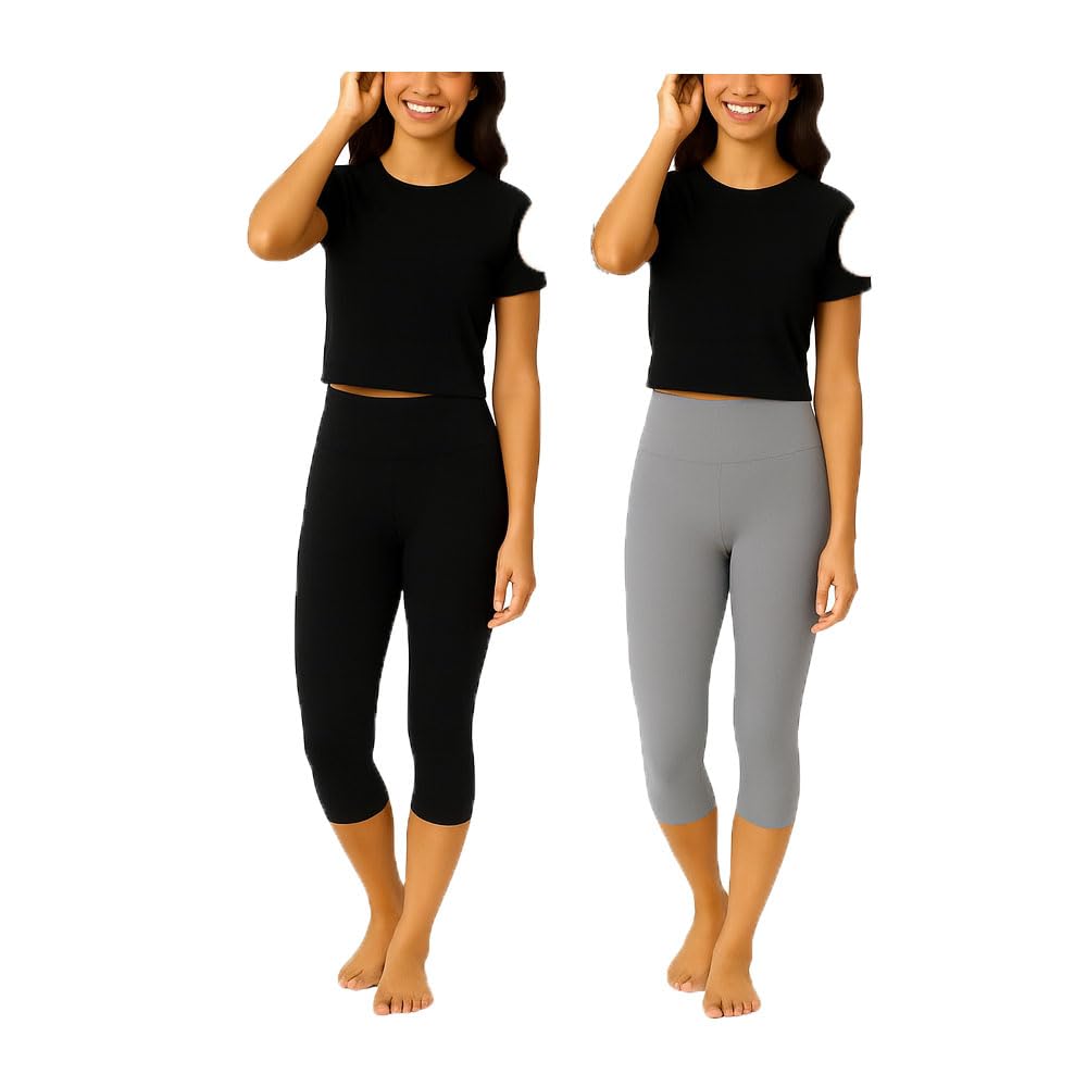 brand flex Womens Casual Regular Wear Cotton Blend Solid 3/4th Plain Capri for Girls Black, Grey 2Pack-picture-10