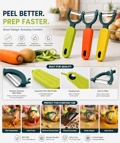 Image of Clazkit Stainless Steel Vegetable Peeler Set of 3 | Sharp Rust-Resistant Fruit & Vegetable Peelers | Ergonomic Handle | Heavy Duty Kitchen Tool