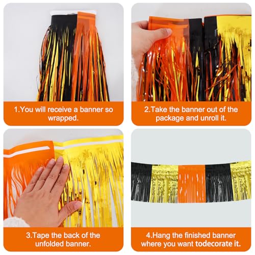 Image of BEISHIDA 3 Packs Metallic Foil Fringe Garland Gold Orange Black Wall Hanging Tinsel Fringe Banners for Car Floats Bridal Shower Wedding Birthday Graduation Holiday Party Decoration(30 Feet)