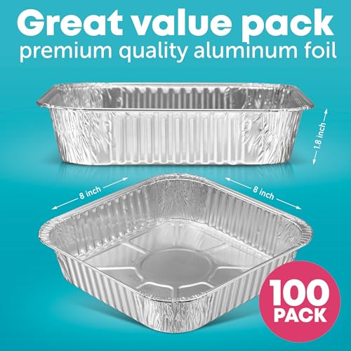 Image of 8x8 Disposable Aluminum Pans - 100 Pack Foil Pans For Cooking, Baking Cakes, Roasting & Homemade Breads - Disposable Food Containers