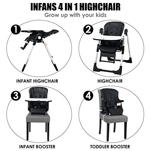Infans 4 In 1 High Chair–Booster Seat, Convertible Highchair W/Adjustable Height And Recline, Removable Tray, Detachable Cushion, Installation-Free, Simple Fold For Baby, Infant & Toddler, Black #TOP1
