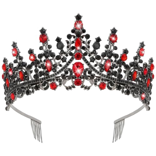 CURASA Black Tiaras for Women Red Gothic Crown for Women Queen of Hearts Crown Quinceanera Tiara Princess Crowns Royal Queen Tiara Baroque Vintage Tiaras for Costume Birthday Cosplay