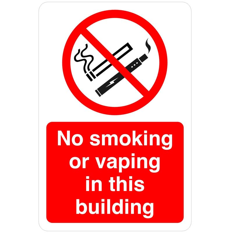 No smoking or vaping in this building safety sign - High tack self-adhesive sticker (600mm x 400mm) Viewing Distance within 20m.