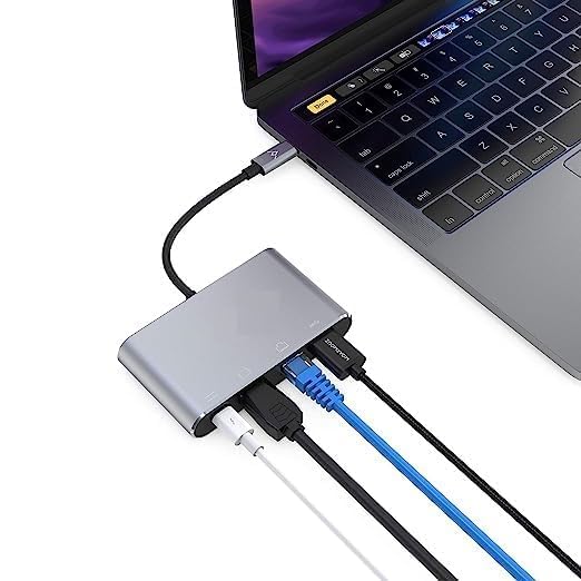 Image of USB HUB 4 in 1 USB-C to HUB HDMI, Ethernet, USB 3.0, USB Type-C Adaptor Converter for Type C Laptops and Desktop, Grey (USB C to 4 in 1 with RJ45 HUB)