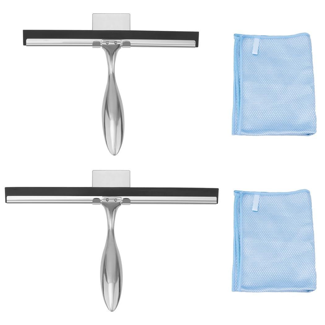 Edelstahl Duschabzieher Set mit Wandhaken, 25,4 cm und 30,5 cm Glasabzieher inklusive Mikrofasertücher für Fenster und Badezimmer