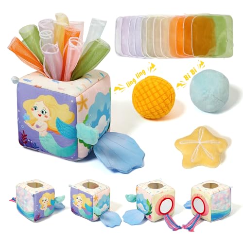 Image of Youuys Baby Tissue Box Toy for Babies 6-12 Months - Montessori Sensory Busy Cube Toys with 3 Textured Balls & 12 Silky Scarves - Ideal Gift for Toddler Girls Ages 6 12 18 Months (Mermaid Theme)