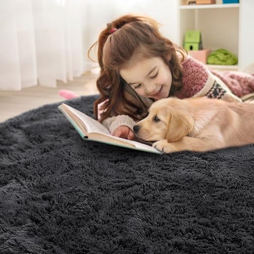 OLANLY Black Round Rugs for Bedroom - Machine Washable, 8 ft Circle Area Rugs for Living Room, Soft and Fluffy Shaggy Carpet for Teen Girls and Boys, Nursery Rooms, Dorms, Home Decor Aesthetic