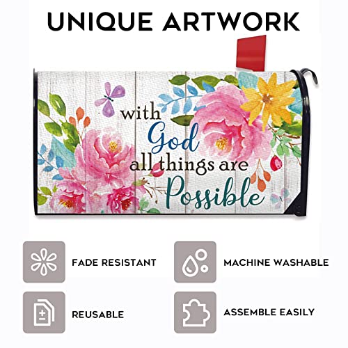 Image of Spring Summer with God All Things are Possible Mailbox Cover Magnetic Standard Size 20.5 inchx18 inch, Religious Peony Flower Post Letter Box Wrap Decor Inspirational Outdoor Garden Yard Decoration