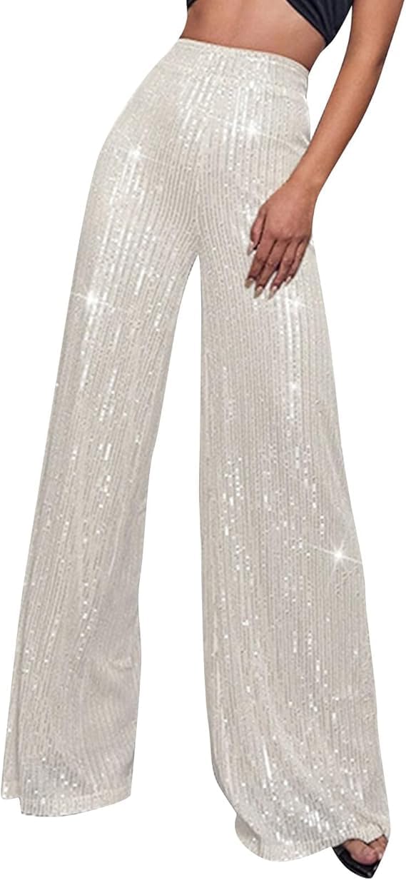 Womens Sparkle Sequin Bling Pants Elastic High Waisted Sequin Pants Wide Leg Party Clubwear Bling Trouser
