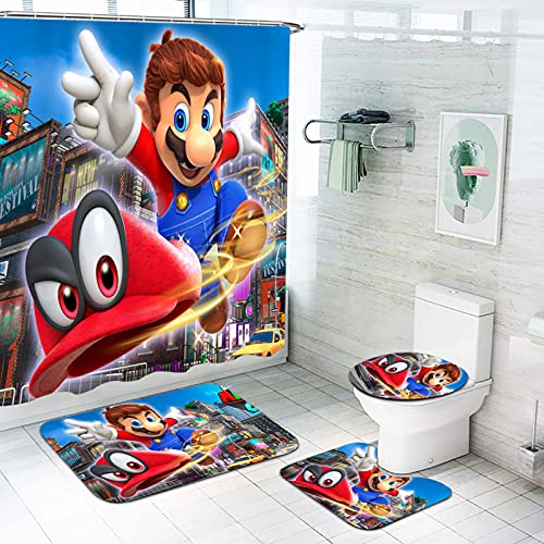 Fgolphd Mario Duschvorhang, Anime Mario Duschvorhang 180x200, Bunt Cartoons Shower Curtains Wasserdicht Badezimmerteppich 4-teiliges Set (180 * 180,15)