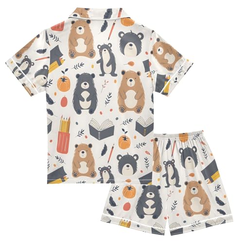 ALAZA Bear Funny Leaves Pajamas Satin Pajama Set Short Sleeve Button Down Sleepwear2