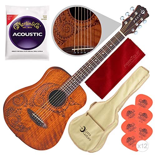 Luna Safari Series Tattoo Travel-Size Dreadnought Acoustic Guitar with Accessory Bundle