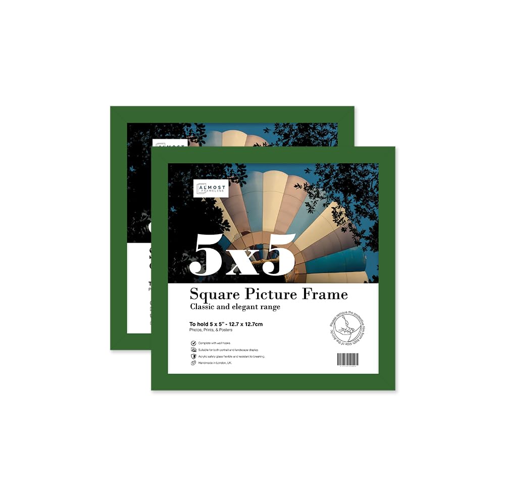 Almost Frameless 5x5 Green Picture Frame Set of 2, Display 5x5 Picture Gallery Wall, Poster, Photo, Artwork, or Print, Green, Square