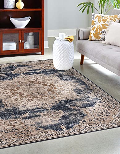 Unique Loom Chateau Collection Area Rug - Roosevelt (8' X 10' Rectangle, Dark Blue/ Beige) #TOP3