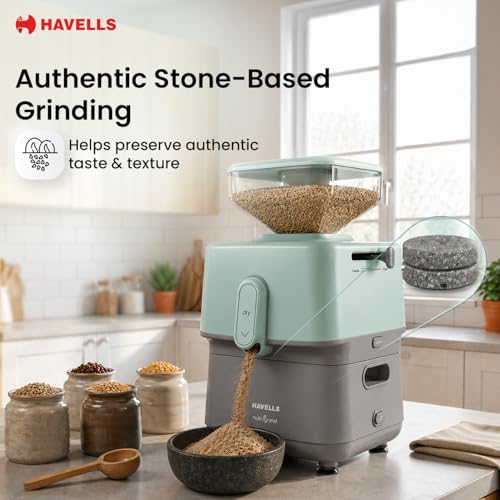 Image of Havells Nutri Grind Atta Mill| 400W High Torque Induction Motor | 1400 RPM Slow Speed Grinding | Quality Coarse Stones | 2 Yr Manufacturer Warranty| Grey & Pista Green