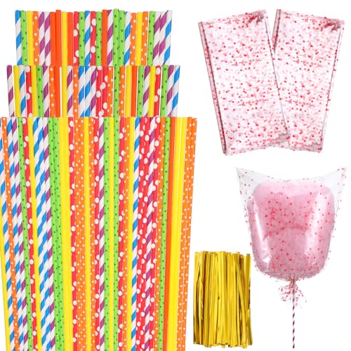 Giloaou 200 PCS Cotton Candy Sticks & Bags with Ties 13.8 Inch Paper Cones & 13.8x19.7 Inch Red Plastic Bags for Candy Making Party Supplies Holiday Events