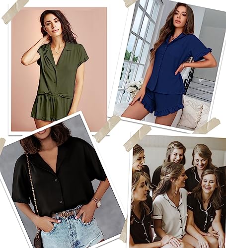 SWOMOG Woman Pajama Set Short Sleeve Pjs Set 2Pcs Short Pajamas Button Down Ruffle Hem Sleepwear Soft Modal Loungewear3