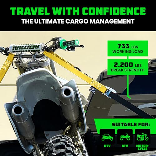 Image of Rhino USA Motorcycle Tie Down Straps (2 Pack) Lab Inspected 2,200lb Break Strength, Steel Cambuckle Tiedown Set with Integrated Soft Loops - Better Than a Ratchet Strap (YLW 2-Pack)