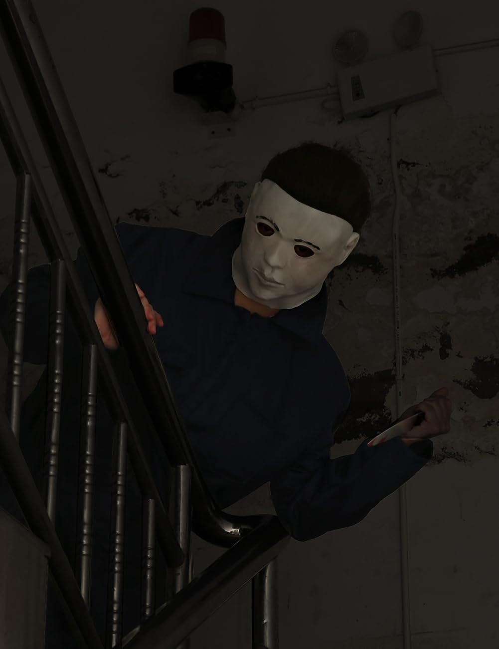 Halloween Navy Blue Coveralls Jumpsuit,Horror Killer Navy Cosplay Costume for Men, Includes Mask and Toy Knife