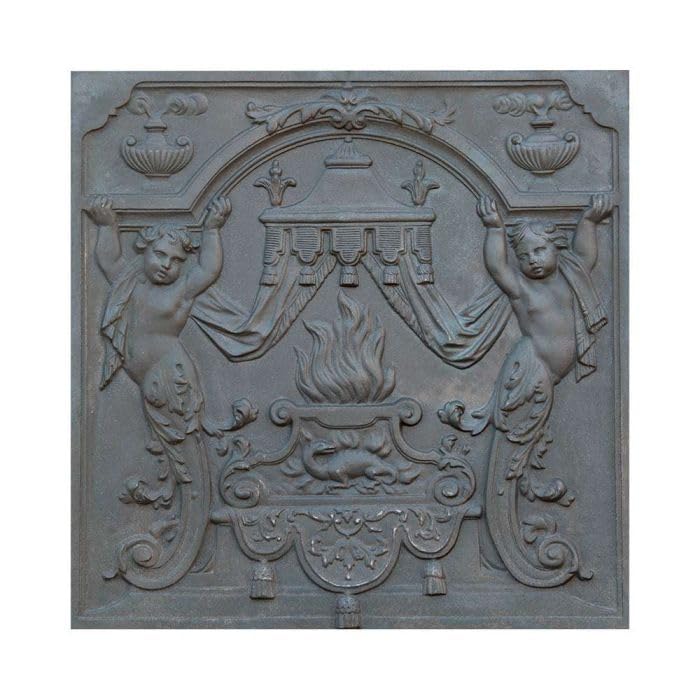 Plaque de cheminée en fonte à décor PUTTI CM. 80 × 80 H TH. 2 cm DS