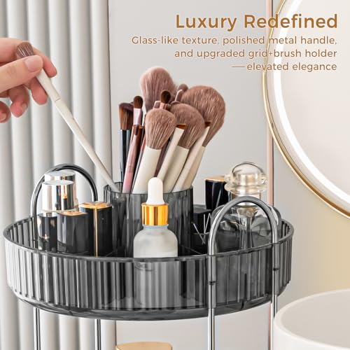 Image of 360 Rotating Makeup Organizer, Upgraded 3 Tier Skincare Perfume Organizers for Women, Bathroom Organizer Countertop, Clear Cosmetic Dresser Organizer with Makeup Brush Holder, Sink&Counter(Grey)