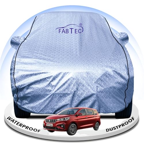 Image of FABTEC Metallic Silver Waterproof Car Body Cover for Maruti Ertiga Sun, UV and Dust Protection with Mirror Pocket (Reflective Silver with Black Piping)