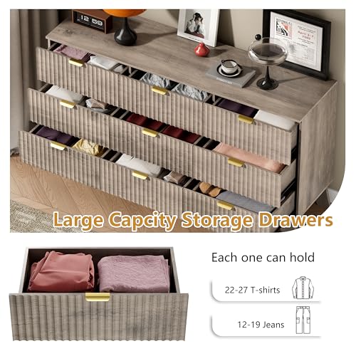 Image of Wodeer 9 Drawer Fluted Dresser for Bedroom, Mid Century Modern Wooden Dresser with 9 Drawers, Dressers & Chests of Drawers with Metal Handle, TV Stand & Storage Organizer for Entryway, Hallway, Oak