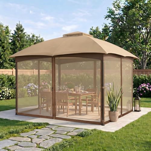 Gazebo for Patio, FAB BASED 10x12 Gazebo, Double Vent Canopy Gazebos, Outdoor Gazebos with Privacy Netting, Easy Setup Patio Pavilion with Steel Frame Strong Legs for Lawn, Backyard, and Deck(Khaki) - Image 3
