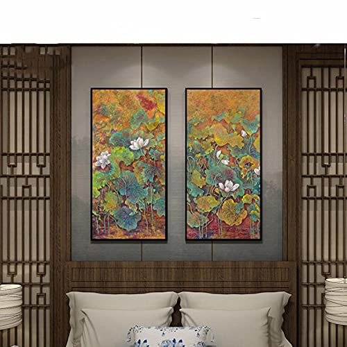 Peinture Abstraite Lotus Chinois pour Grand Décor Salon Moderne Toile Vintage 70x140cm