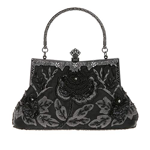 Ro Rox Marie Vintage Clutch Bag for Women - 1920s Peaky Blinders Beaded Bag for Evening - Elegant Purse with Removable Shoulder Chain - Snap Closure - Black Sparkly Handbag for Wedding Party, Black