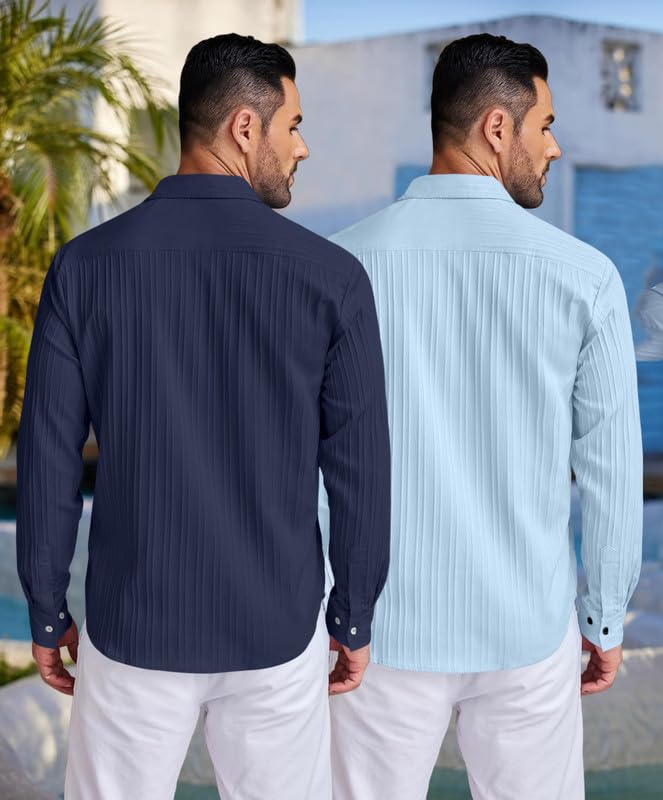 Image of FINIVO FASHION Men's Cotton Blend Shirt Set Lightweight, Full Sleeves, Plain Texture, Button Closure, Summer Ready (Pack of 2)