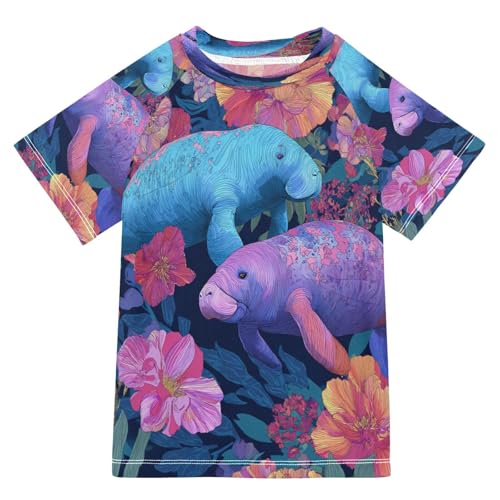 Boys Short Sleeve T-Shirts Ocean Floral Manatees Rashguard Kids Swim Shirts Sun UPF 50+