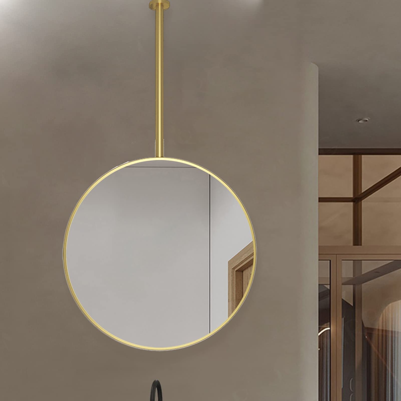 GLJTUO Metal Ceiling Mounted Mirror with Hanging Rod, Modern Theme Decorative - Boom Floating Vanity Make-up Mirrors Shaving for Bathrooms and Living Room,size_name-Diameter-50CM