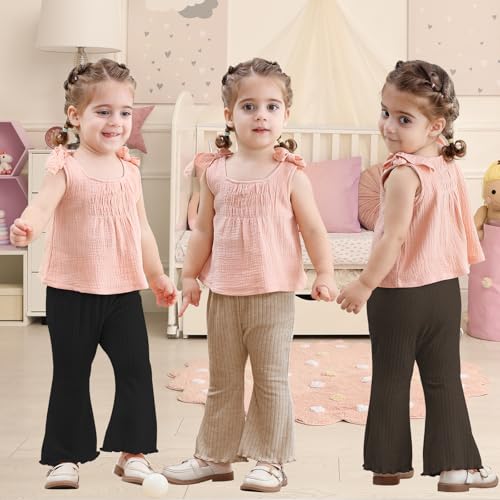 3 Pack Baby Girls Pants Solid Ruffled Ribbed Toddler Flared Pants Newborn Bell Bottoms Infant Leggings2