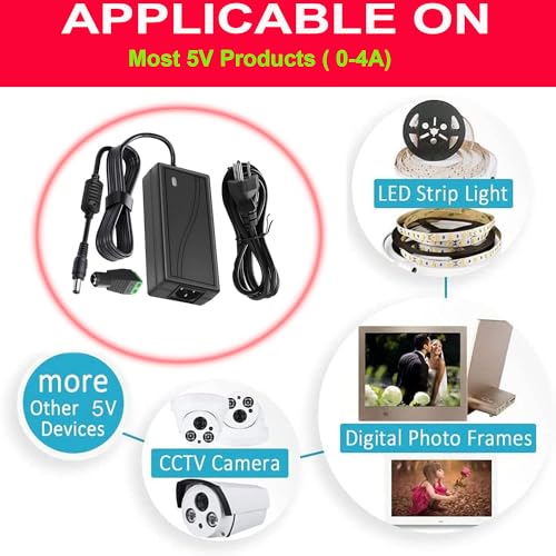 Image of Power Supply, 5V Power Transformers, AC 100-240V to DC 5V 4A Power Supply LED Adapter, 20 Watt Max, for LED Strip Neon Rope String Lights, Computer Project, Recorder, TV Screen