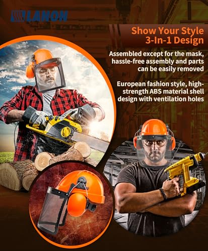 Image of LANON Forestry Safety Helmet with Ear Muffs and Face Shield, Orange