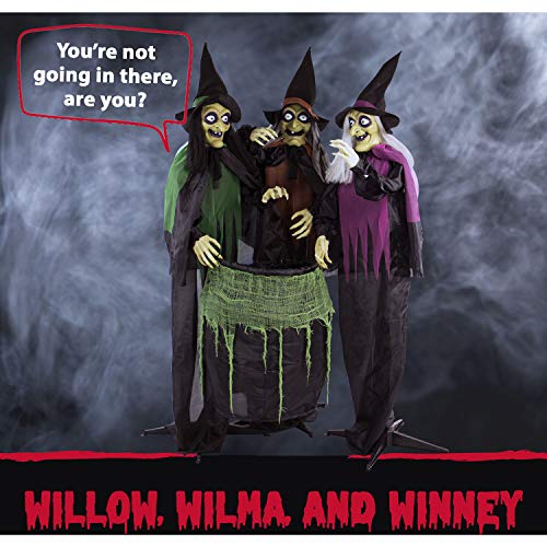 Haunted Hill Farm Life-Size Scary Talking 3 Witches with Cauldron Halloween Animatronic, Indoor or Covered Outdoor Poseable Halloween Decorations with Light up Eyes and Sound, Battery Operated