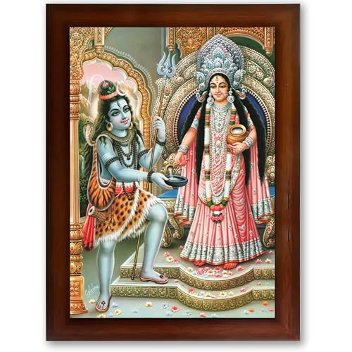 Image of CRAFT QUEST Shiva & Maa Annapurna devi sitting on throne photo frame with Laminated Poster for Kitchen Worship (Brown, 14 X 20 Inches)