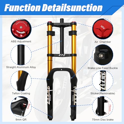 Suspensión de horquilla de aire para bicicleta de neumáticos gordos 20 pulgadas 4.0 - Viaje 180mm, espacio de núcleo 135mm, tubo recto MTB manual bloqueo QR 9mm, horquillas delanteras dobles para bicicleta de nieve playa E-Bike miniatura 3