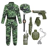 HAPNBCELE Army Costume for Boys, Soldier Camouflage Uniform for Kids with Toy Accessories 11 Pcs Halloween (Deep Green, Large 10-12Years)
