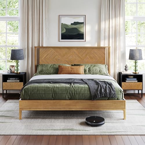 Image of Bme Ethan King Size Bed Frame with Diamond Headboard, Rustic Mid Modern, Solid Acacia Wood, No Box Spring Needed, Slat Support, Rustic Seadrift