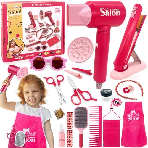 Yafacuha Girls Hair Salon Toys Kids Pretend Play Hair Styling Kit with Realistic Blow Dryer Straightener Stylist Apron Scissors Accessories Beauty Makeup Set Birthday Gifts for Toddler Girls 3 4 5 6+