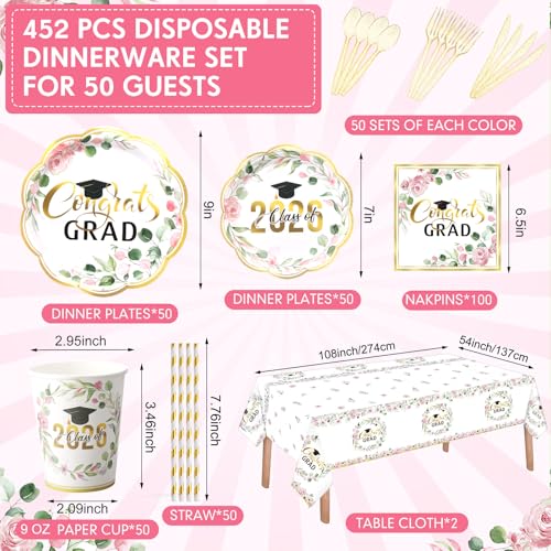 Image of Funnymoom 452 Pcs Class of 2026 Pink Floral Graduation Decoration Party Supply for 50, Pink Gold Congrats Grad Paper Plates Napkins Cup Tablecloth Cutlery Straw for Freshly Graduated Decoration