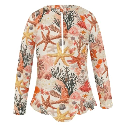 ALAZA Red Coral Reef Starfish Seashell Girls One Piece Swimsuit Long Sleeve Rash Guard Swimsuits UV 50+ Swimwear Zipper2