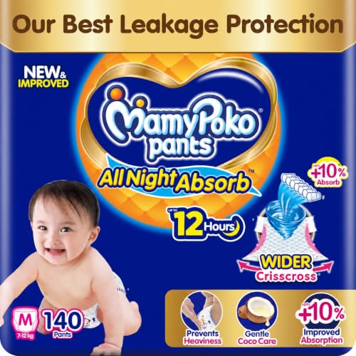 Image of Mamypoko pants All night absorb| Pant Style Baby Diapers Medium Size(M), 140 Count, (70*2)vIdeal for 7-12Kgs|1 Diaper= Upto All night Absorption|Wider Crisscross Sheet|Gentle Coco Care| 12hr Leakage Protection| Prevents Heaviness.