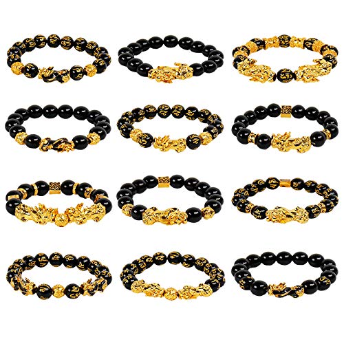 NEWITIN 12 Pieces Feng Shui Bracelets for Men Lucky Bracelet Obsidian Wealth Amulet Bracelet Hand Carved Pi Xiu Bracelets for Men and Women