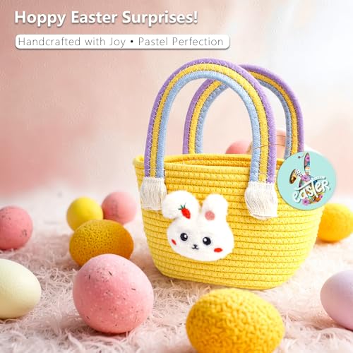 Image of Exun Easter Bunny Basket for Kids, Cute Cotton Tote Bag Hand-Woven Handbag with Rainbow Handles, Easter Egg Hunt Basket Bags for Boys, Girls, Toddler, Babies, Eastergift basket Personalized (Yellow)